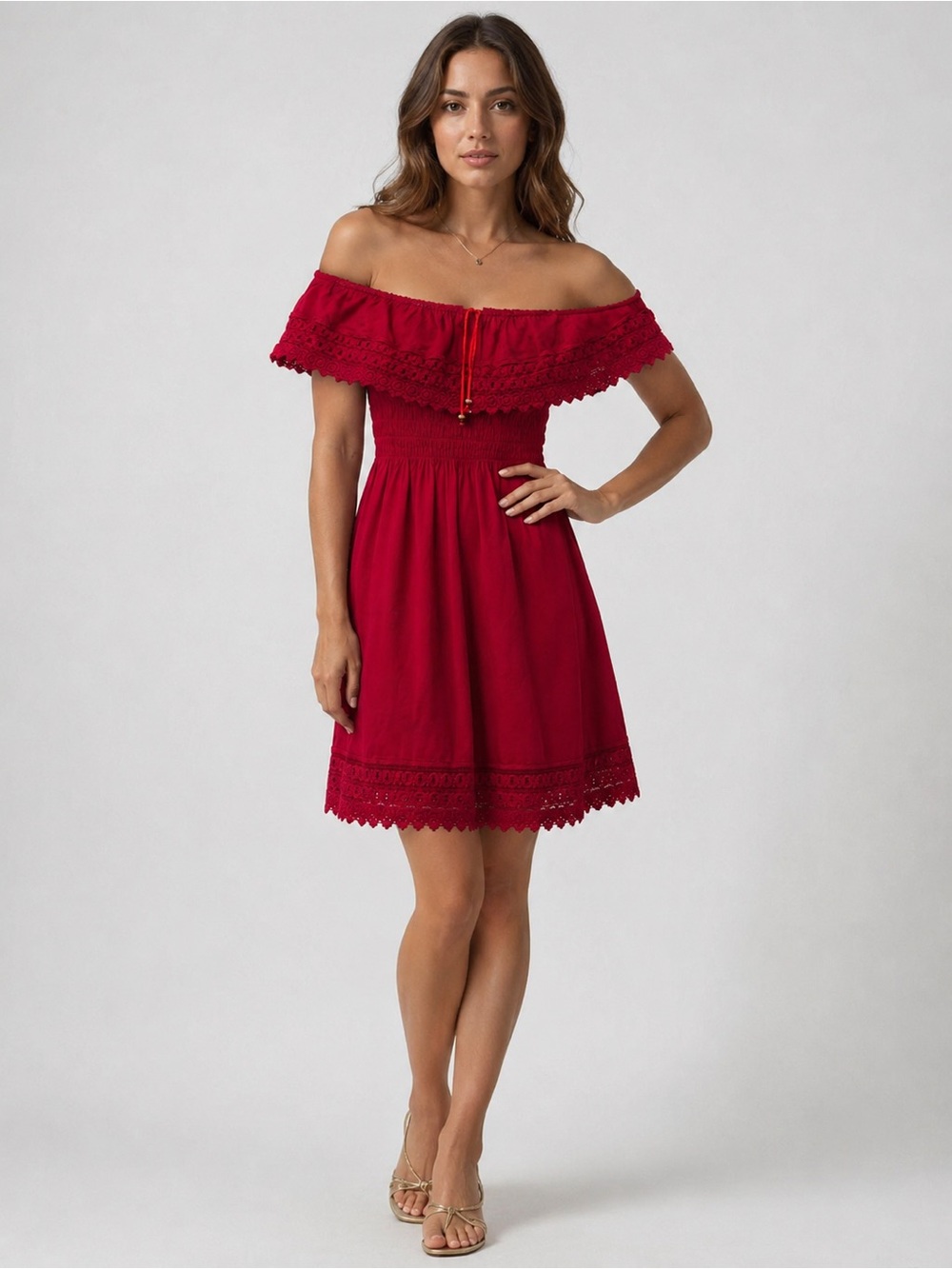Red Boho Off The Shoulder Mini Dress Smocked Waist Eyelet Lace Trim Size Small